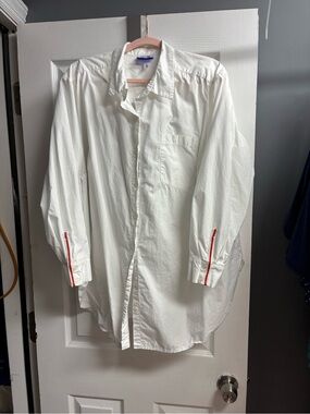 Women’s White Button-Down Shirt with Red Cuff Stripe